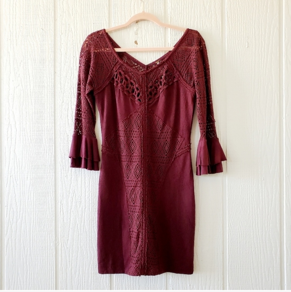 Free People Double V Neck Crochet Lace Stretch Knit Bodycon Mini Burgandy Small